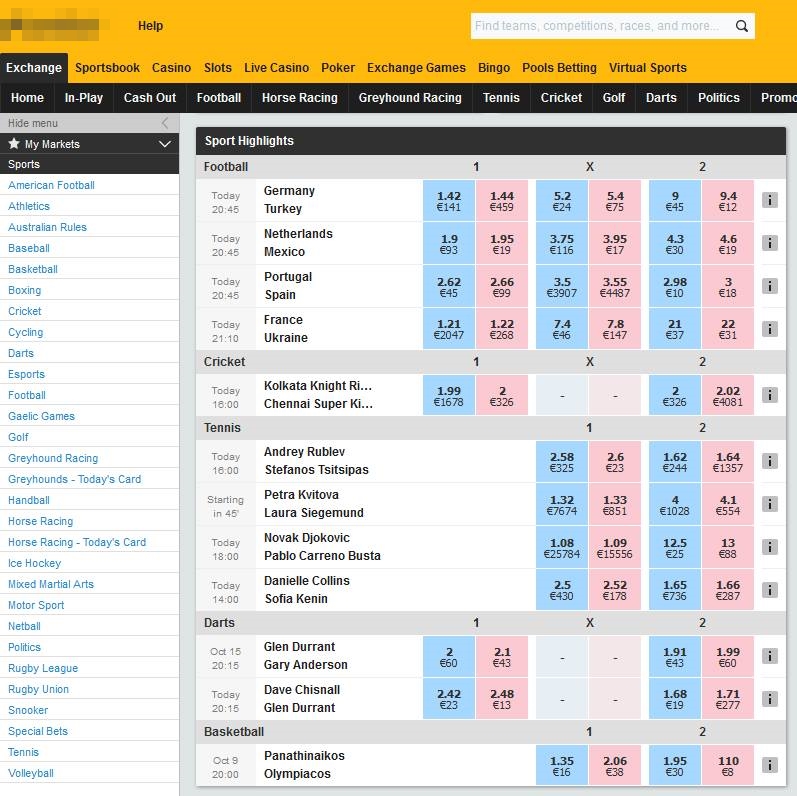 Vue de la page d'accueil de Betfair